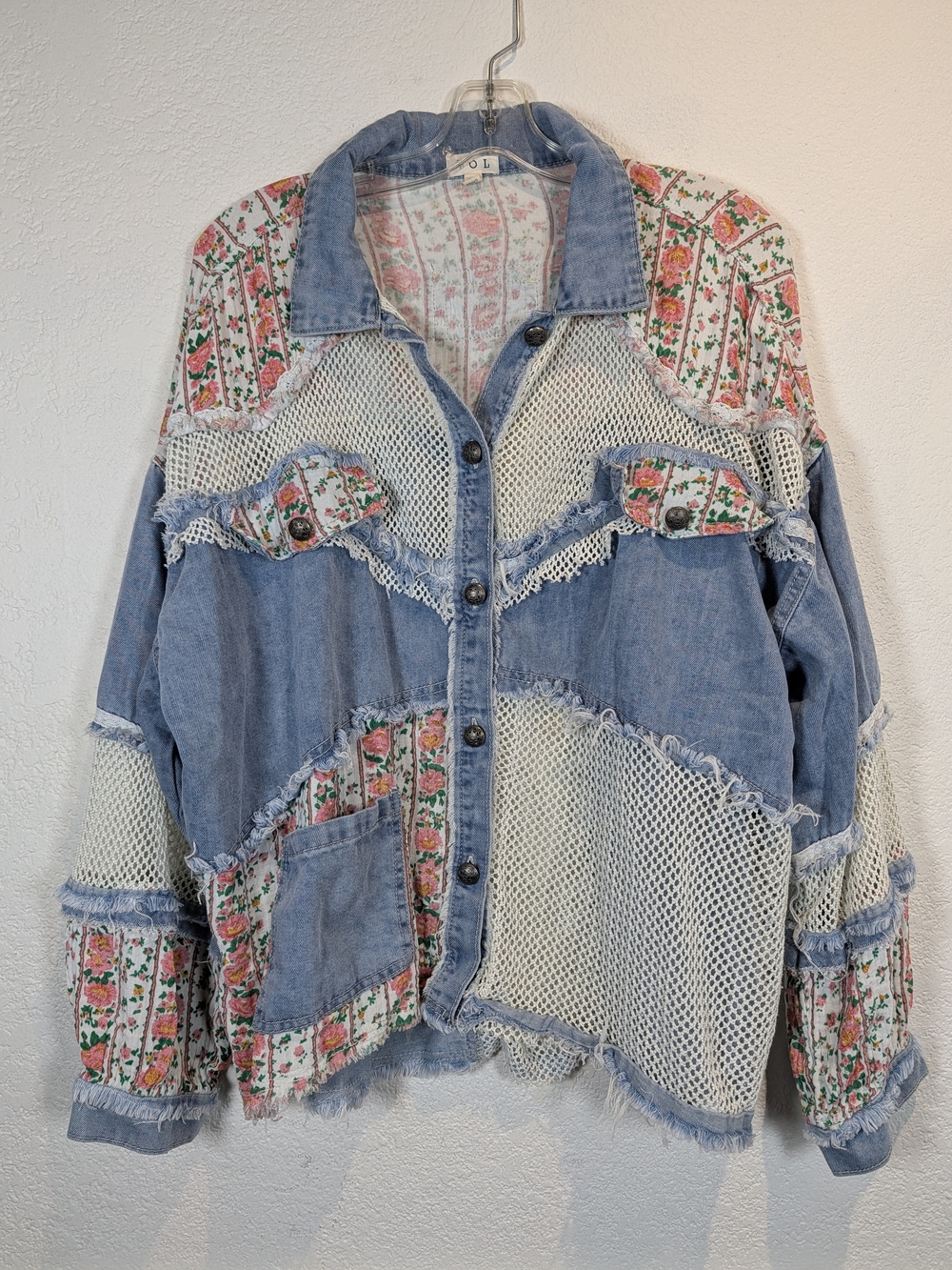 POL Patchwork Denim Button-Down Shirt Jacket, Size Medium